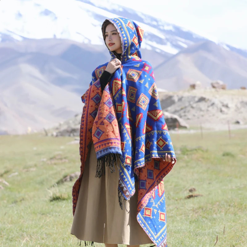 Vintage Geometric Print Hooded Poncho Women Warm Tassles Cloak Spring Autumn Cashmere Shawl 241105