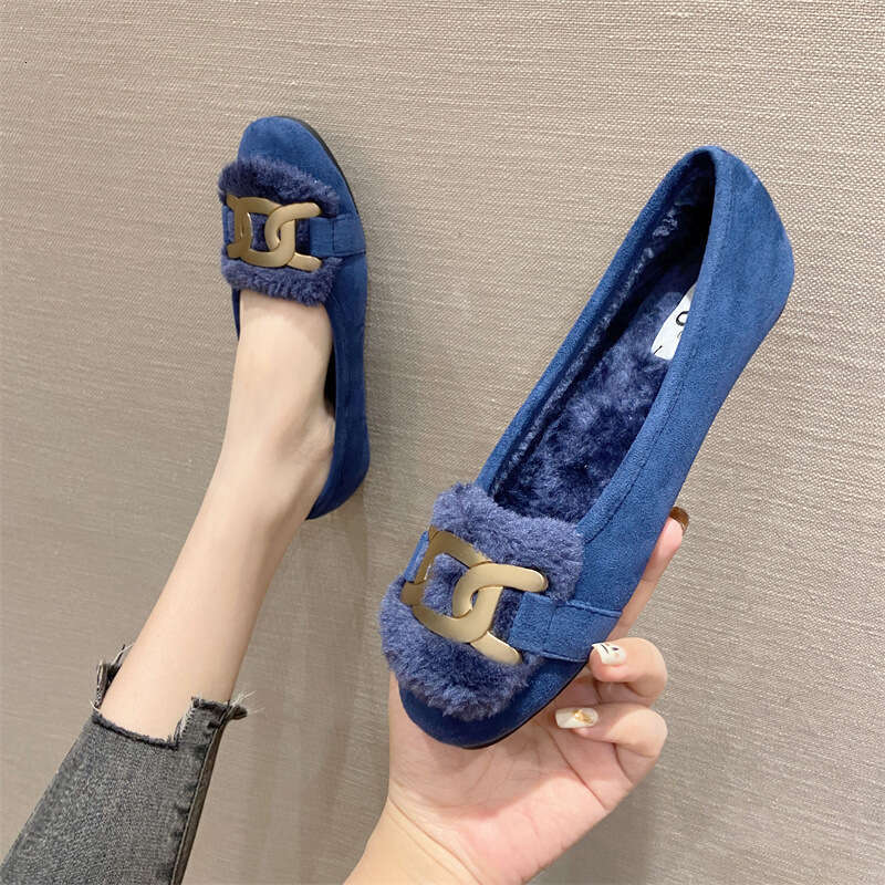 2023 Autumn/Winter New Single Head Metal And Fleece Fur Women's Fairy Suede Shallow Mouth Flat Shoes