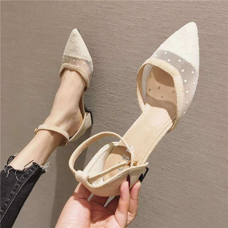 Rough Heeled Fairy Daily Single 2023 Summer New Bag Pointed Breathable Mid Heel Sandals Mesh Women's Shoes