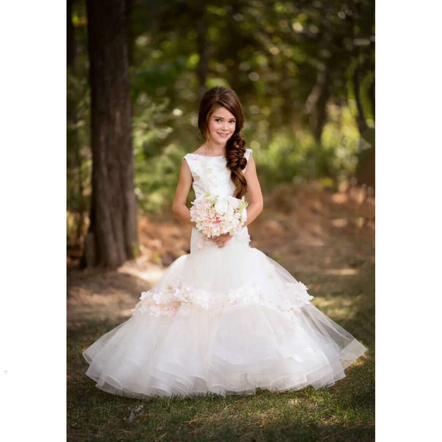 Mermaid Wer Pretty Girls Dresses For Weddings D Ral Appliqued Crystal Little Kids First Communion Dress Tulle Long Pageant Gowns Ress