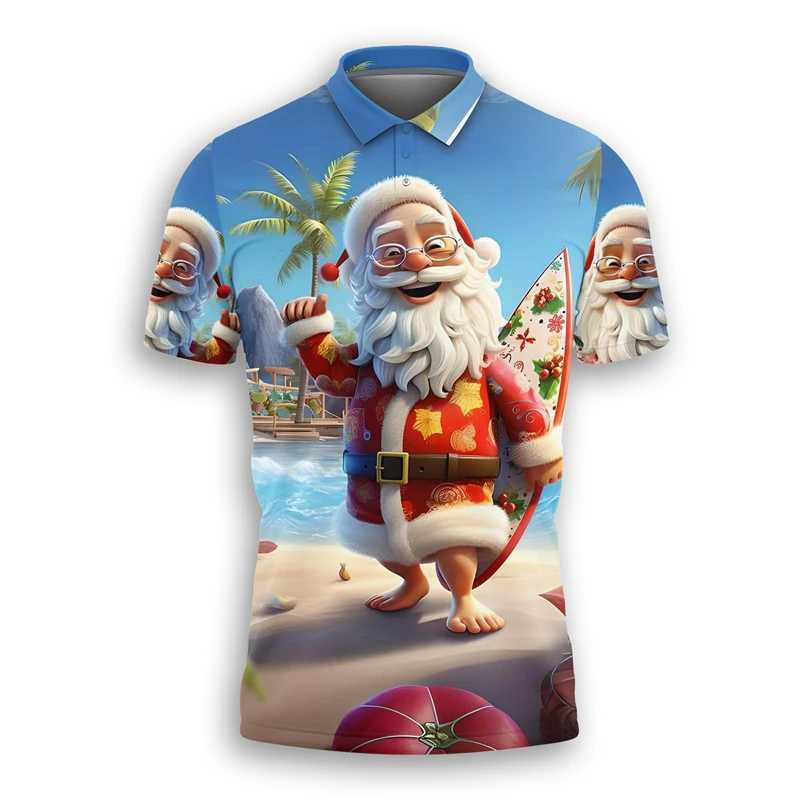Tropical Merry Christmas 3D Printed Beach Shirt Cute Cartoon Santa Claus Mens T-shirt Childrens Christmas Top W241104