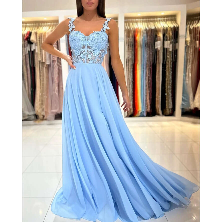 Baby Blue A E Prom Bridesmaids Dress Lace Straps Party Gowns Thigh Split Pleats Chiffon Bridesmaid Dresses For Special Ocns