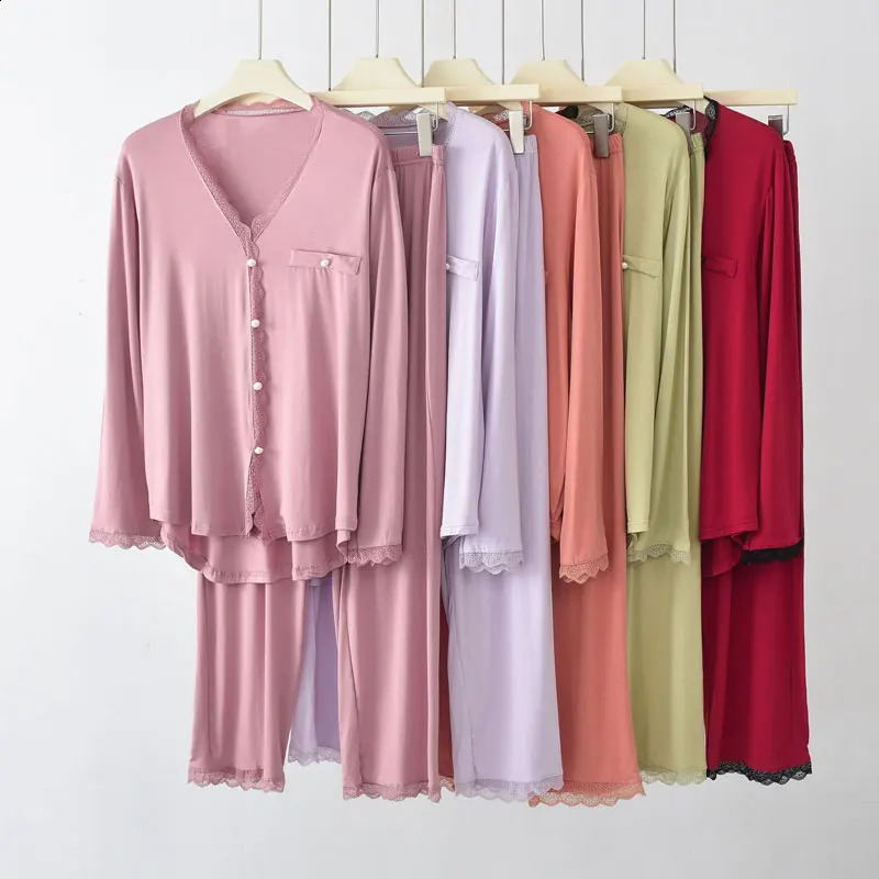 Women Sets Pajamas Sleepwear Long-sleeved Nine-point Pants suit Womens spring Autumn Casual Cardigan Home Service 241105