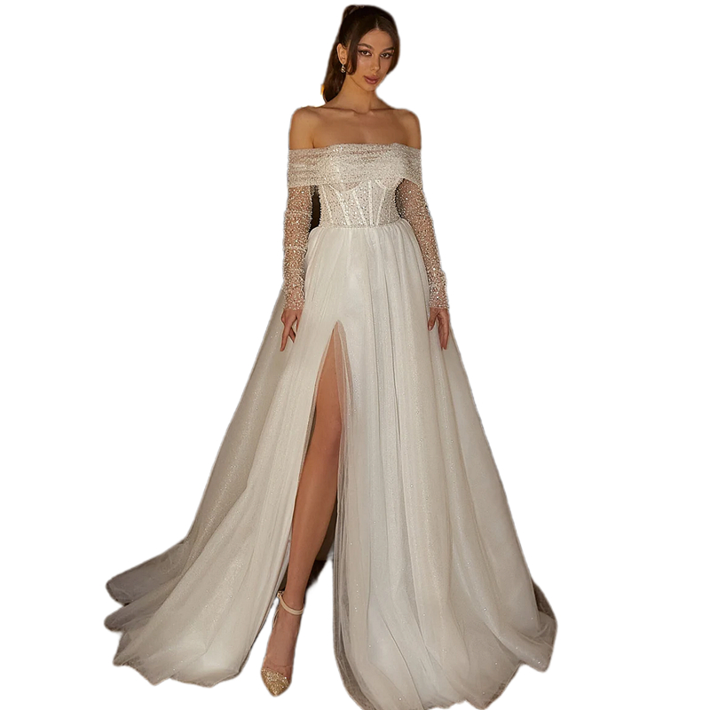 Side Split A Line Wedding Dresses Off Shoulder Long Sleeves Beaded Sequins Pearls Long White Bridal Gown 2025 Boho Beach Bride Dress
