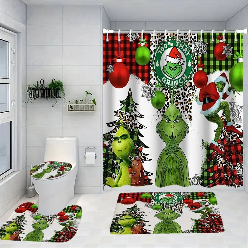 Merry Christmas Cartoon Shower Curtain Witch Bath Sets Waterproof Non-Slip Bathroom Rug Toilet U With 12 Hooks Home Deco 241104