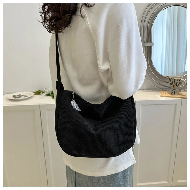 ISKYBOB Large Capacity Corduroy Cross Body Bag Fashion Womens Shoulder Messenger Bag Solid Color Wallet Handbag 241105