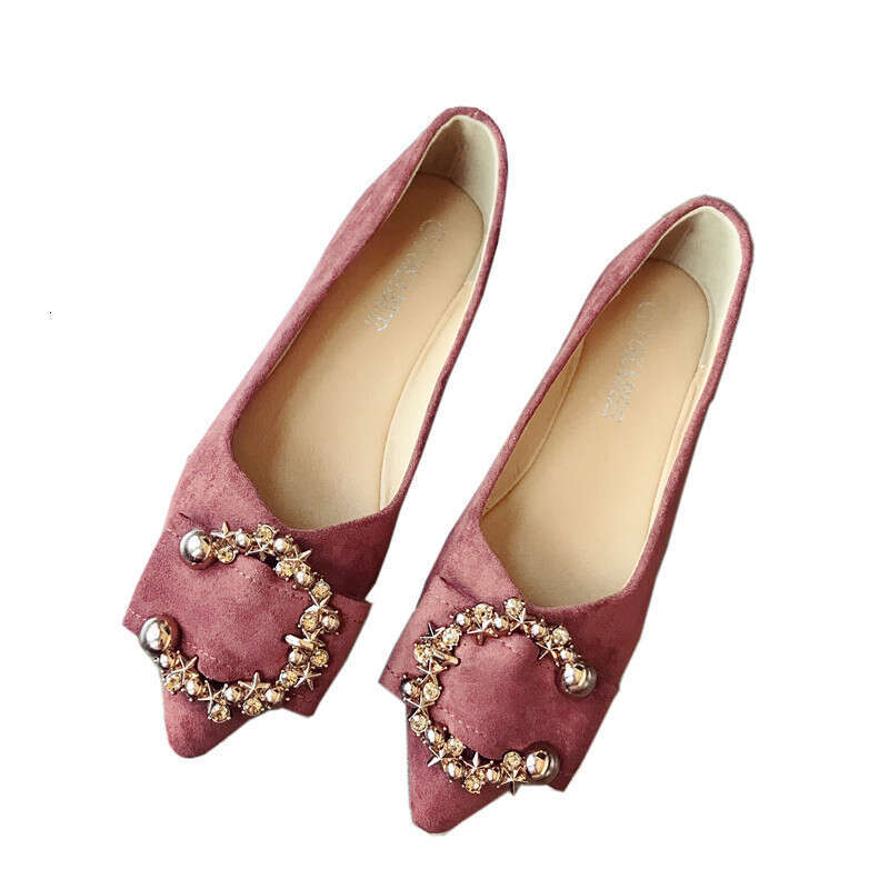 Korean Spring And Autumn Versatile Metal Buckle Pointed Shallow Mouth Suede Women's Comfortable Soft Bottom Fairy Style Flat Single Shoes For Wom