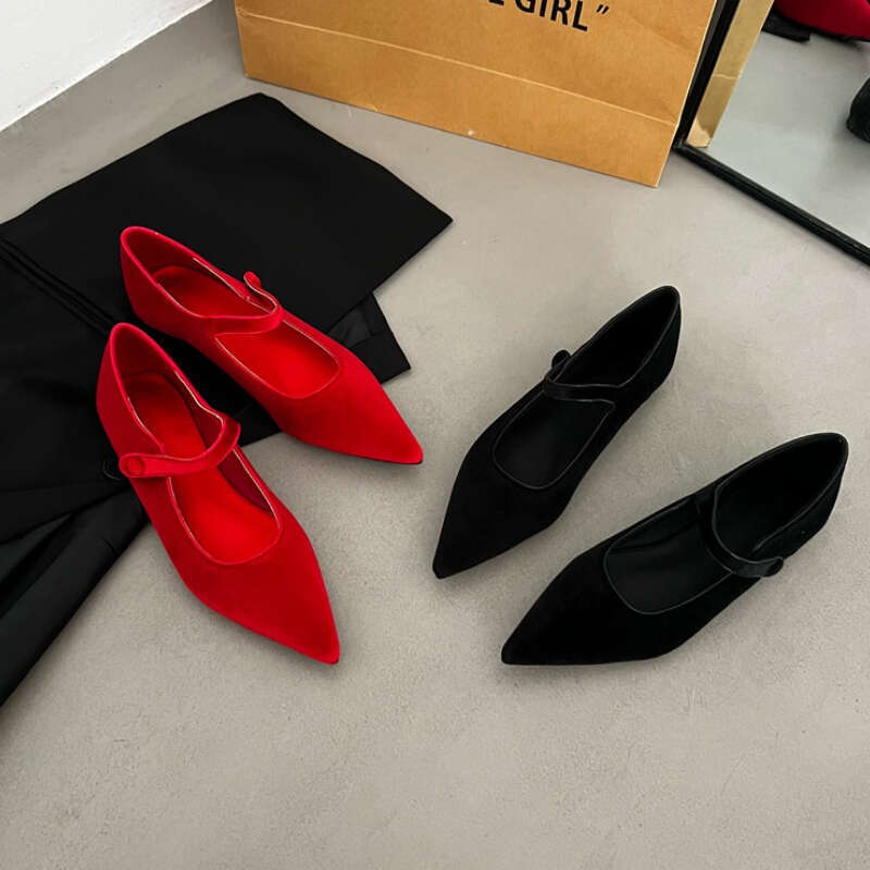 New Winter Women's Mary Jane Retro Flat Pointed Toe Suede Ballet One-Buckle Low Heel French Silk Women Wedding Shoes
