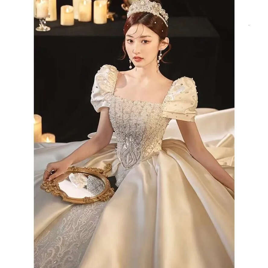 Pearls A Full E Dresses Lace Tulle Appliques Beading Summer Beach Satin Wedding Bridal Gowns Vintage Plus Size Ball Gown Sweep Train Vestidos Ppliques