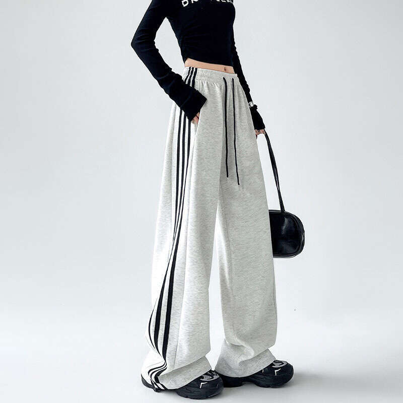 shanshi three stripes pants White gray three bar sports pants for women 2024 versatile spring and autumn winter high waisted loose leg binding America