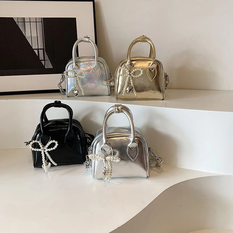 Mini PU Leather Short Handbag for Women Korean Fashion Handbag for Women Simple Silver Cross Body Bag 241105