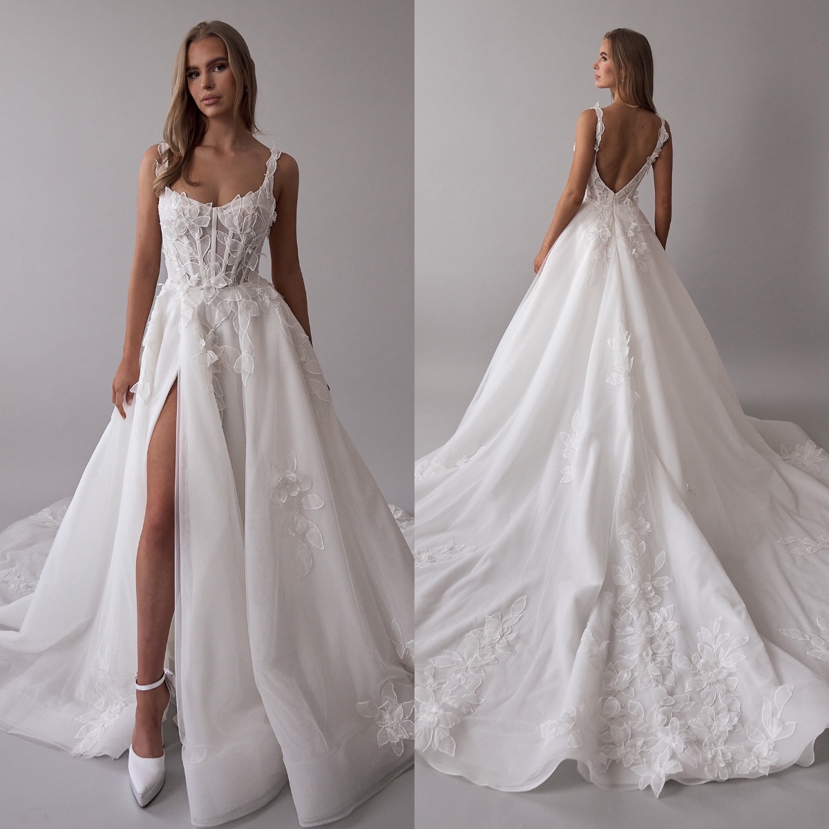 Dresses Gorgeous Organza Bridal Gowns 2024 Leappliqued Straps Wedding Dress A E Backless Sweep Train Split Robe De Mariee