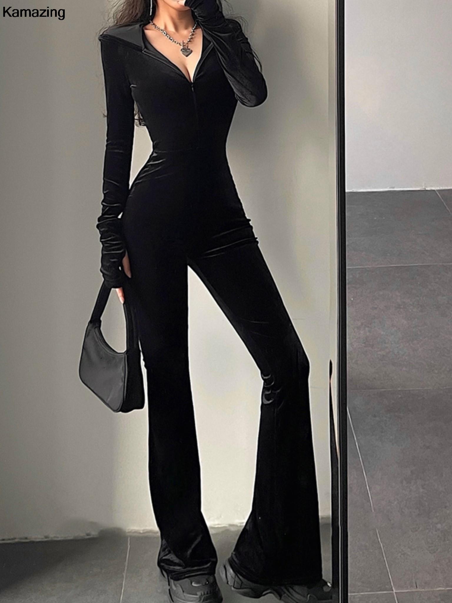Autumn Sexy Bodycon Black Veet Jumpsuit Women Fashion Hooded Zipper Flare Pants Rompers Vintage Y2k Streetwear Winter Outfits