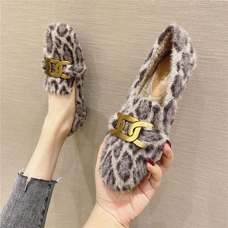 Hairy Women, 2023 Autumn Winter New Item, Wearing Warm And Velvet On One Foot, Bean Shoes, Leopard Print Mink Fur Cotton Shoes For Women