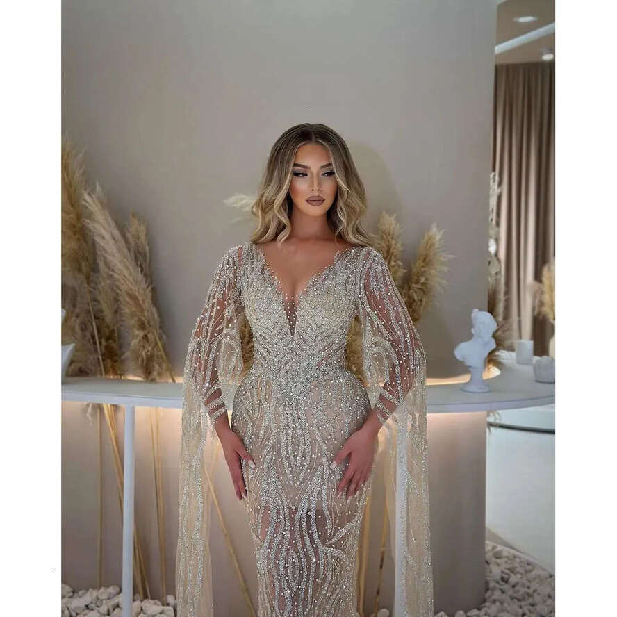 Long Sleeves V Neck Glamorous Dresses Mermaid Wedding Shining Applicants Beads Or Length Backless Custom Made Plus Size Bridal Gown Vestidos De Novia