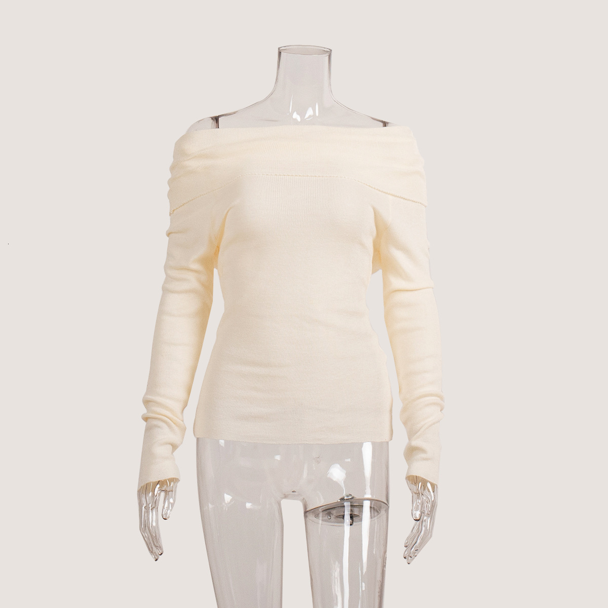 Spring Women's Sexy Slim Fit Solid Color Pullover One Line Neck Long Sleeved Knitwear Vintage Sweater