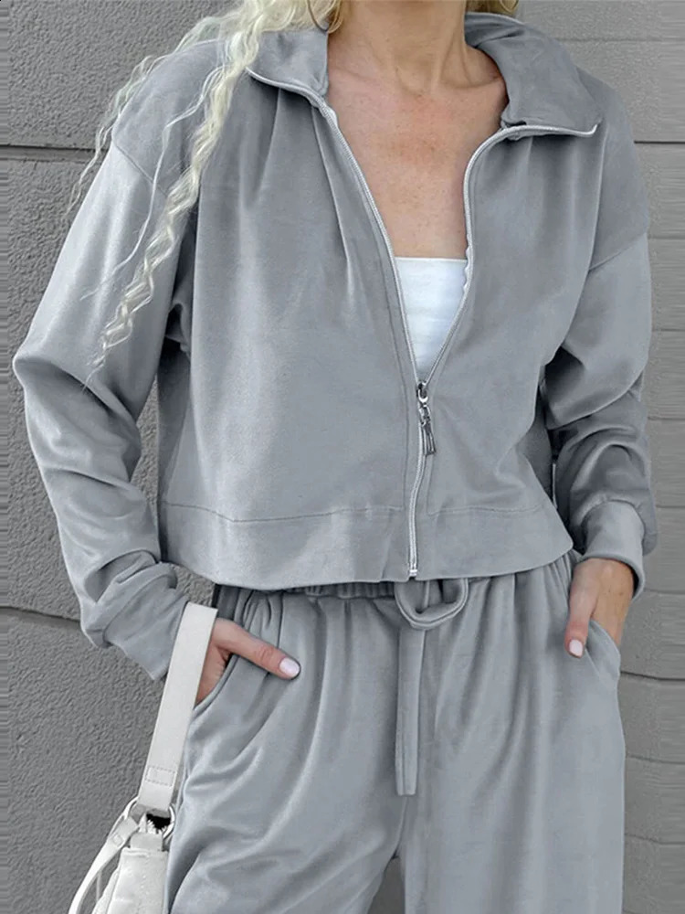 Loose Velvet Womens Sets Elegant Lapel Long Sleeve Zipper Coats High Waist Wide Leg Pant Suit 2024 Autumn Casual Commute Outfit 241105