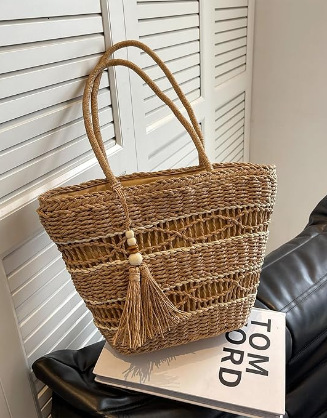 New designer straw beach summer handmade bag handbag with tassel shoulder paper rope women's net name woven bag fashion bag