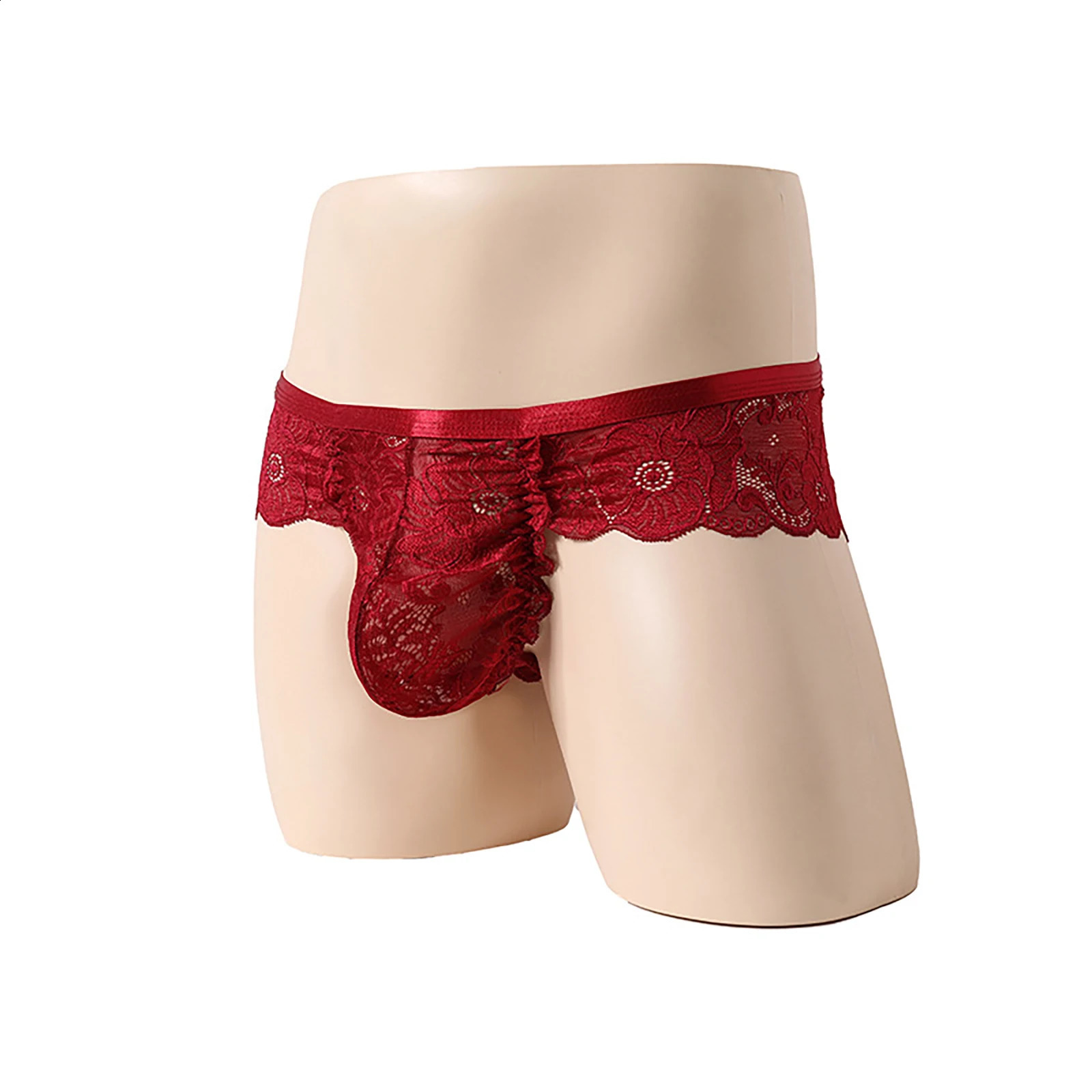 Sexy Mens Lace See Through Thongs Lingerie Underwear Low Waist Bulge Pouch Flower Embroidery Underpants Erotic Briefs 241105