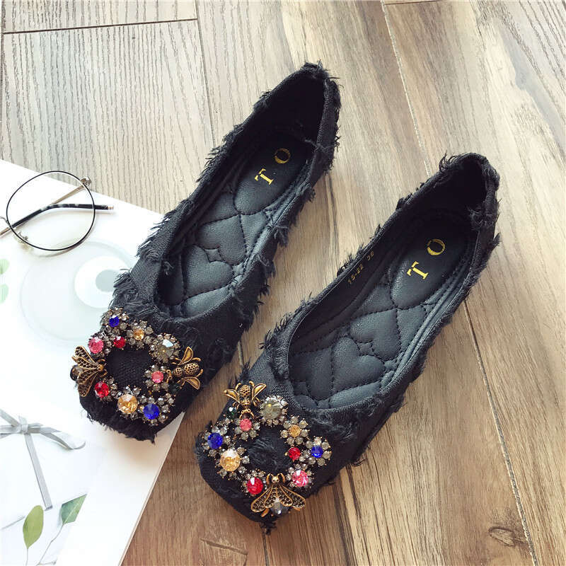 2023 Autumn New Fashionable Versatile Water Diamond Buckle Square Head Cloth Flat Follow For Women Soft Bottom Bean Shoes