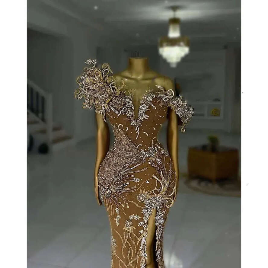 Aso Mermaid Ebi Prom Gold Dress Lace Beaded Evening Formal Party Second Reception Birthday Bridesmaid Engagement Gowns Dresses Robe De Soiree Zj Es