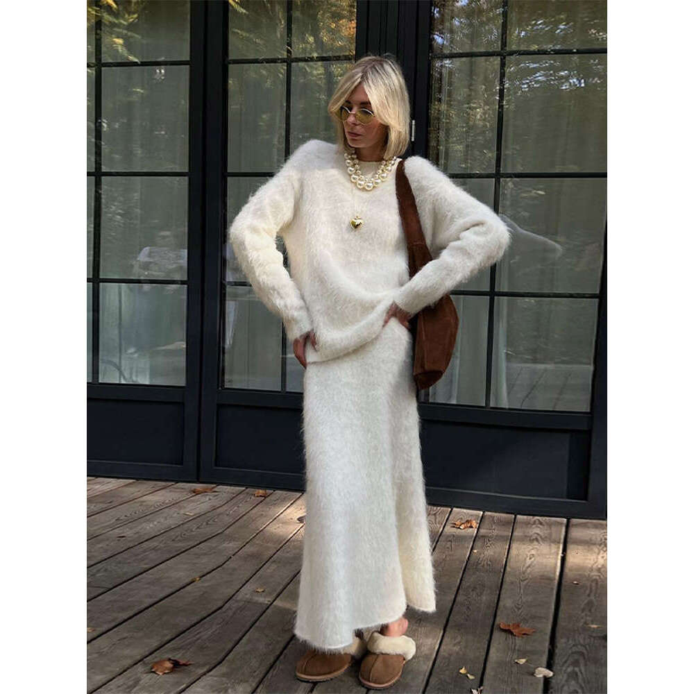 Women Solid Mohair Cashmere Sweater Skirt Suit Fashion O Neck Long Sleeve Knit Pullover Set Autumn Chic Lady Street Outfits