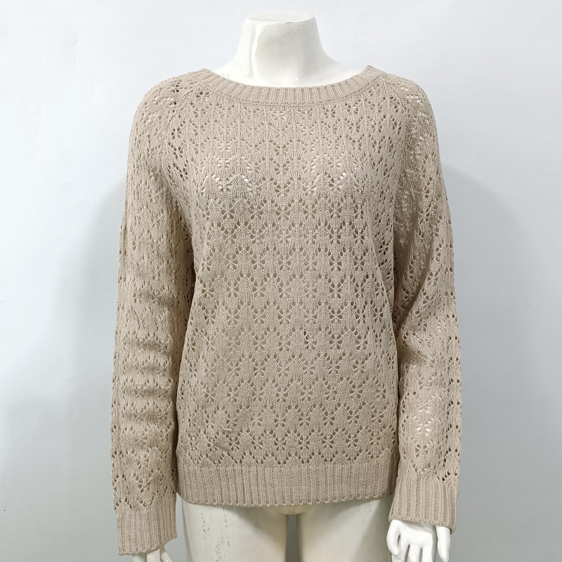 Autumn And Winter New Knitted Solid Color Hook Flower Hollow Out Pullover Round Neck Loose Sweater For Women