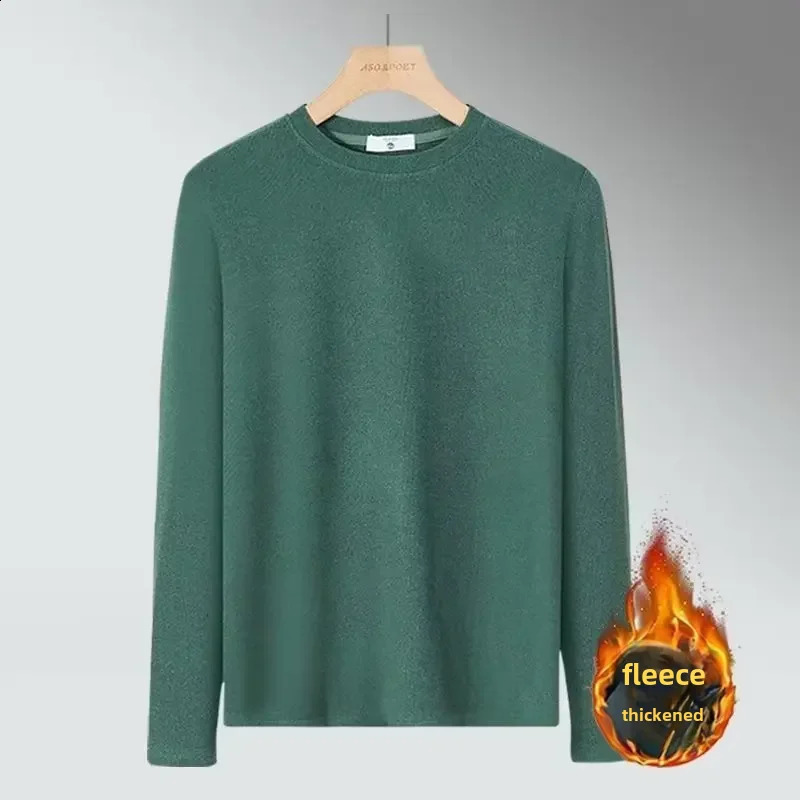 Winter Fleece Mens Long Sleeve Tshirt Trendy Round Neck Solid Color Warm Base Layer Casual Inner Top Wear 241105