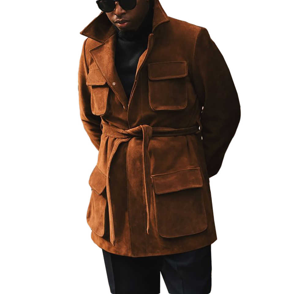 Stylish Men's Coat Notched Lapel Tailored Wool Blend Jacket Blazer Belt Chamois Autumn Winter Plus Size Windbreaker Custom Made Coat