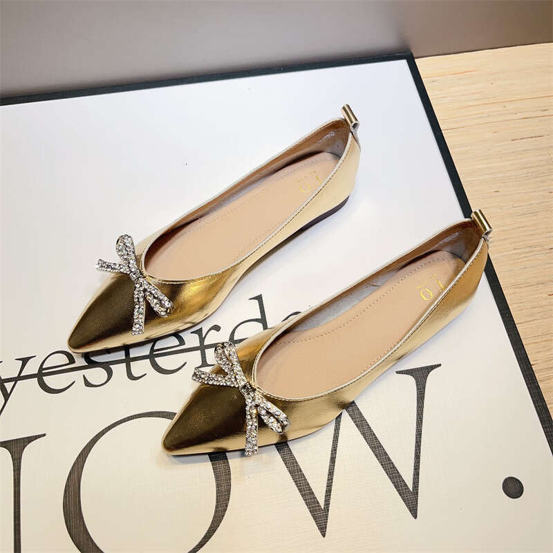 Korean Version Of Spring And Summer New Versatile Silver Shallow Mouth Single For Women, Pointed Soft Soled Flat Shoes, Rhinestone Butterfly Bow Scoop