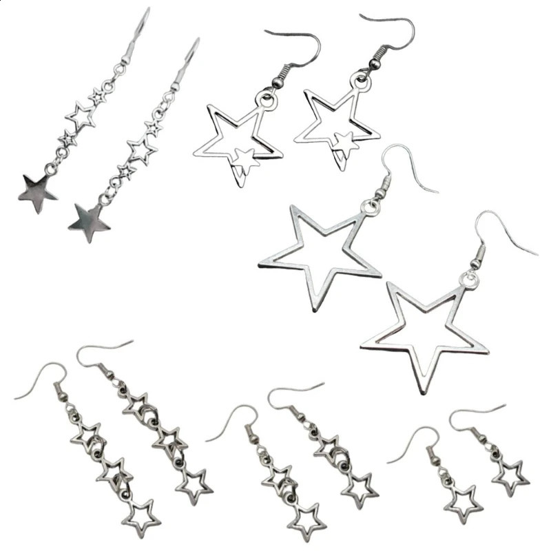 Y1UB 6 Pairs Star Themed Earring Set Hollow Pentagrams Dangle Drop Earrings Y2K Trendy Ear Pendant Accessories for Women 241105
