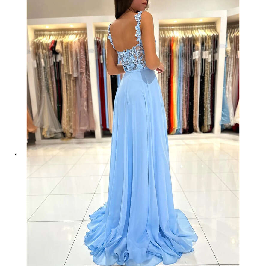 Baby Blue A E Prom Bridesmaids Dress Lace Straps Party Gowns Thigh Split Pleats Chiffon Bridesmaid Dresses For Special Ocns