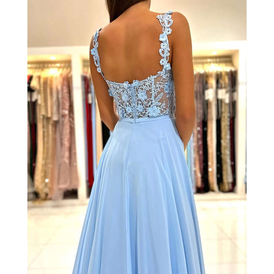 Baby Blue A E Prom Bridesmaids Dress Lace Straps Party Gowns Thigh Split Pleats Chiffon Bridesmaid Dresses For Special Ocns