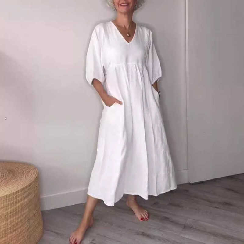 Women Dresses Autumn women's cotton linen deep V-neck pleated solid color casual pocket dress