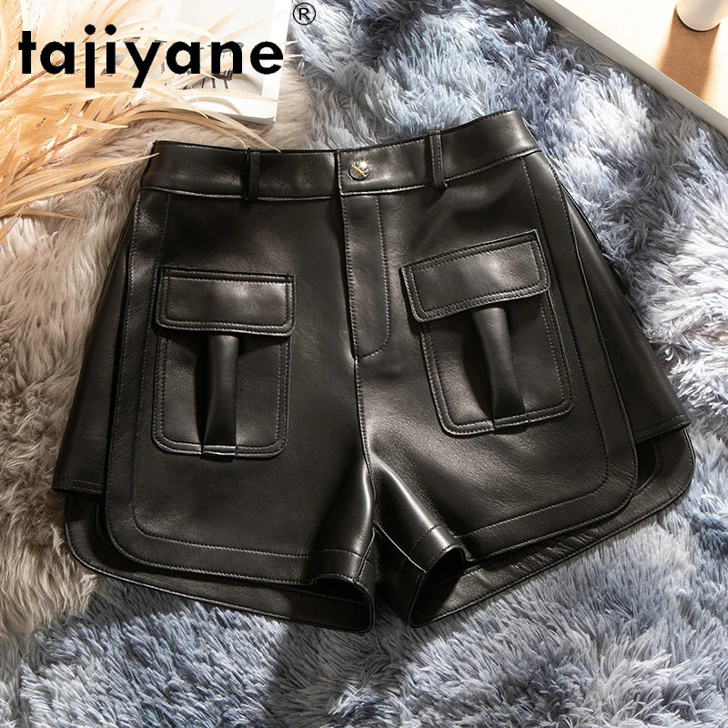 Tiyane Summer Women's Real Sheepskin Wide Leg Trousers Oversize Genuine Leather Shorts Female Mujer Pantalones 2361