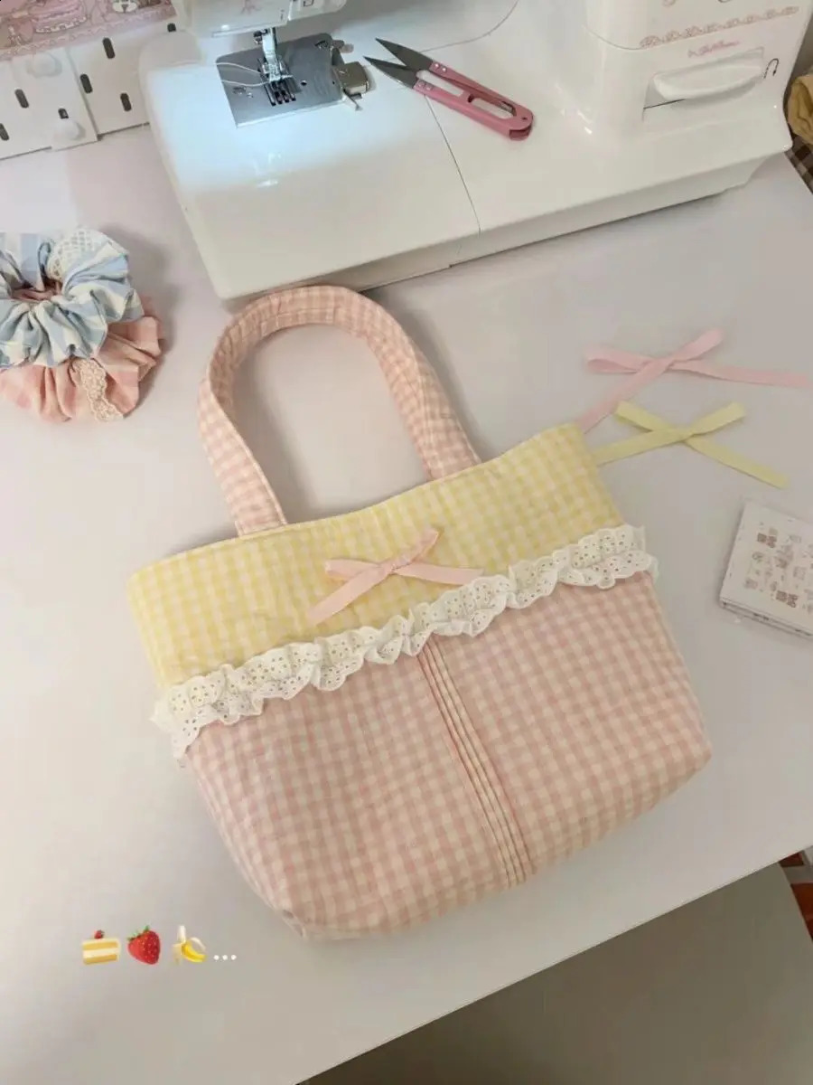 Miyagawa Spring Mini Yellow Grid Colorful Lace Cute Handbag Korean Fashion Shoulder and Lower Arm Handbag 241105