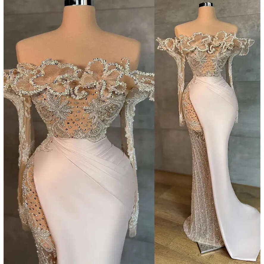 Beaded Ebi Aso Crystals May Prom Mermaid Satin Urious Evening Formal Party Second Reception Birthday Engagement Gowns Dress Robe De Soiree Zj