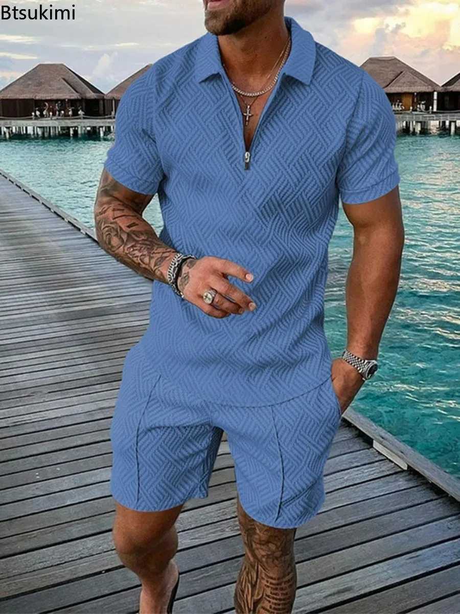 New 2024 Mens Fashion Mens Solid Summer V-neck Zipper Short Slip Shirt+Two piece Mens Casual Set W241104