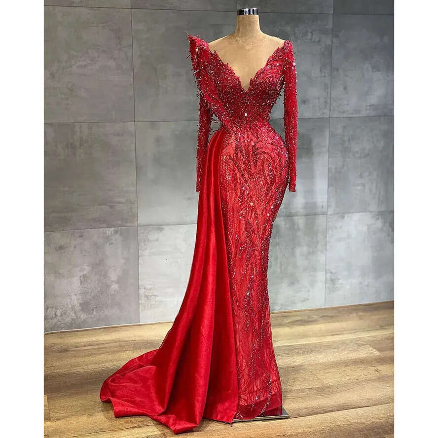 Urious Arabic Ebi Aso Red Mermaid Evening Beaded Lace Prom Dresses Sheer Neck Formal Party Second Reception Gowns Zj