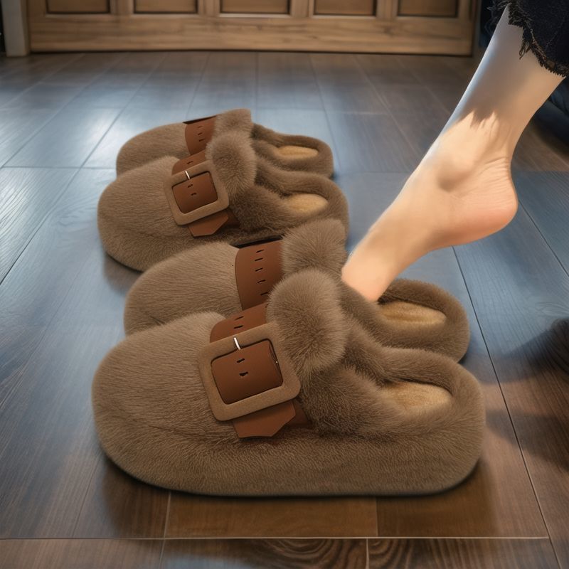 Outdoor Leisure Shoe Baotou Hairy Slippers For Women's Outdoor Wear 2024 New Autumn And Winter Thick Soled Soft Soled Anti Slip Cotton Slippers F