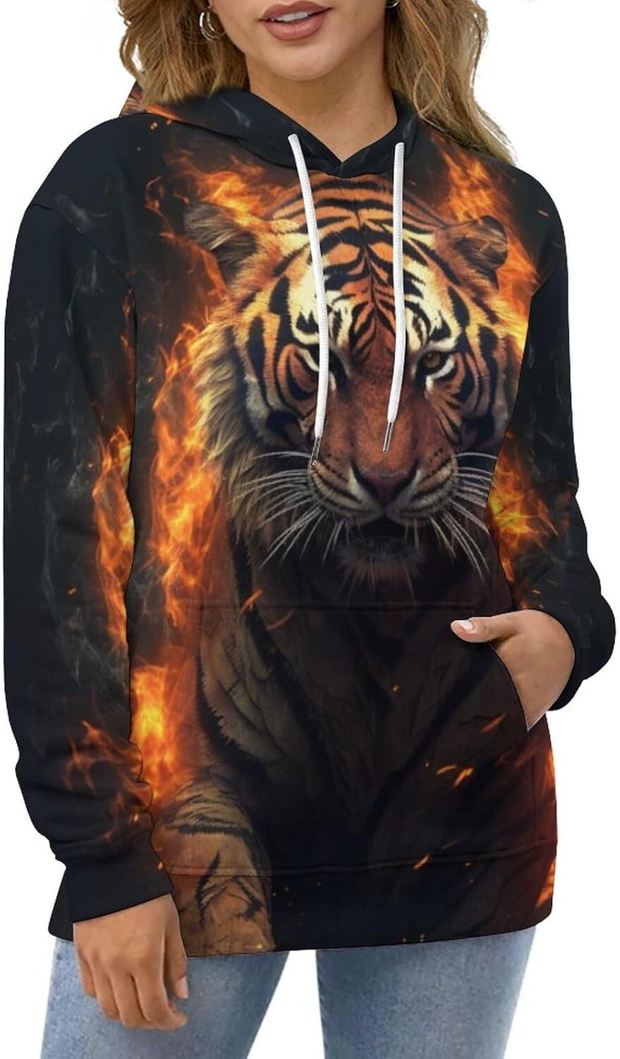 Hoodie for Mens Womens The Tiger with Flame Hoodie Novelty Sweatshirt Pullover Top for Men Graphic Hoodies sweatshirt Fashionable, cool, and warm