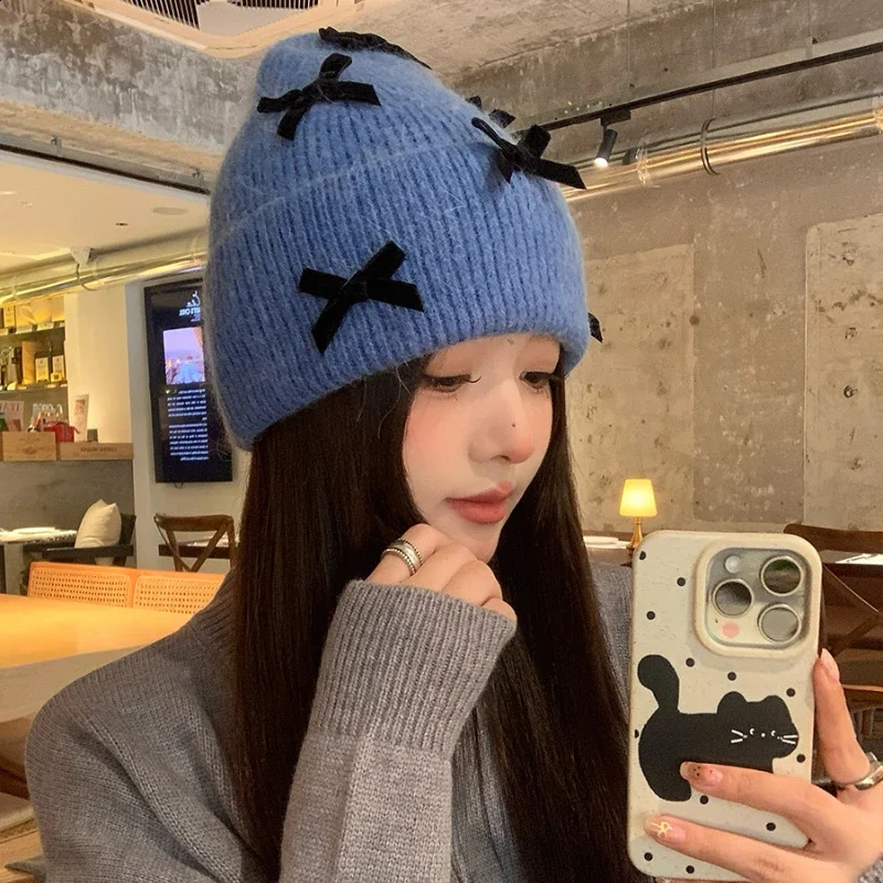Korean Winter Bow Knitted Hat Ins Style Cute Y2K Girls Autumn and Personalized Fashion Warm Ear Protection 241105