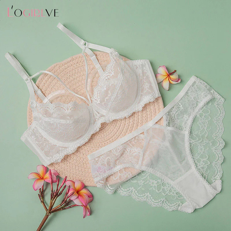 Logirlve Top Ultrathin Underwear Set Pushup Bra And Panty Sets Hollow Brassiere Gather Sexy Transparent Lace Lingerie 241105