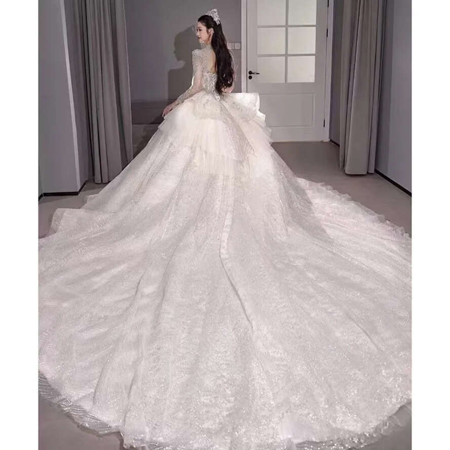 Wedding A E Dresses Shiny Long Sleeve Lace Appl Plus Size Bridal Party Gowns Robe Marriage Court Train Vestidos De Noiva Formal Bride Wed Dress