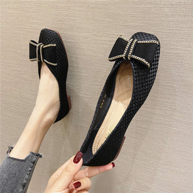 Korean Version Flat Bottomed Single Women's Summer Versatile Square Toe 2023 New Spring Woven Surface Soft Sole Shallow Mouth Comfortable Scoop S