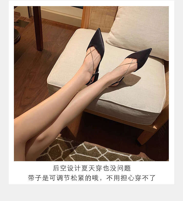 Single Shoe Women's Spring And Summer 2024 New Pointed Flat Half Slippers With Water Diamond Chain Toe Sandals For Women