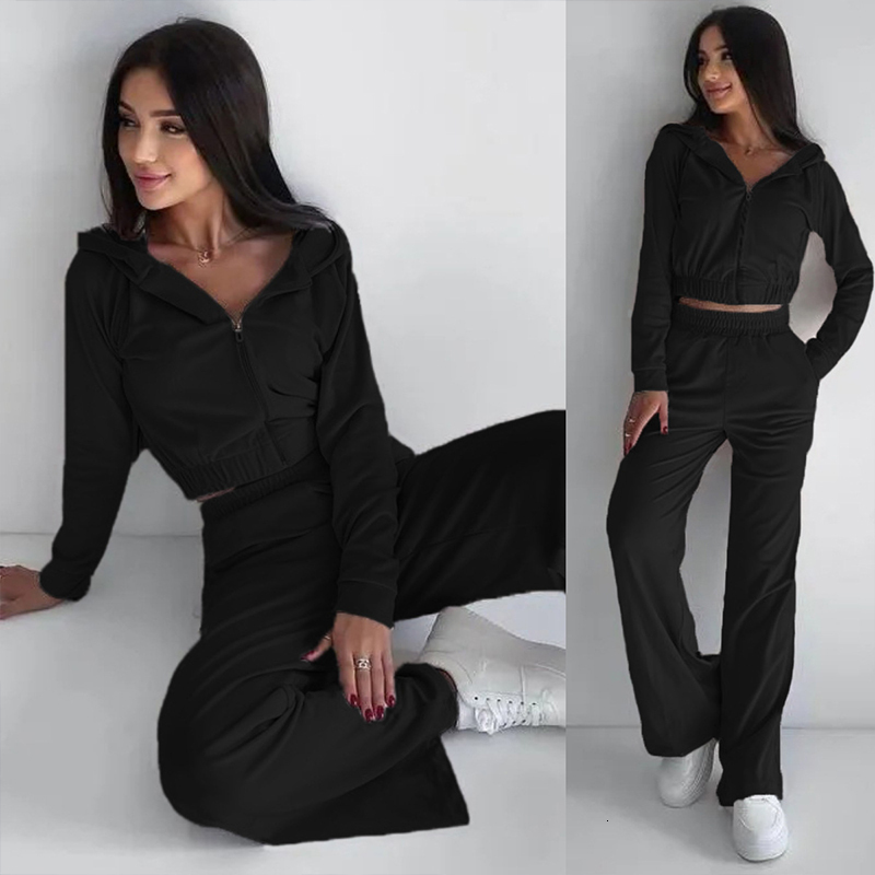 Autumn New Female's Casual Sport Pants Suit Solid Color Long Sleeve Cardigan Hoodie Elastic Trousers Women Fall Two-Piece Set