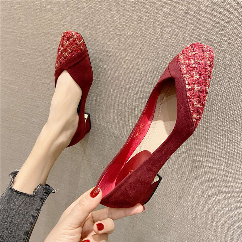 2023 Xiaoxiangfeng Korean Version Single Women's Shallow Toe, Professional Thick Heel Shoes, Versatile Temperament, Fabric, Medium To High Order 