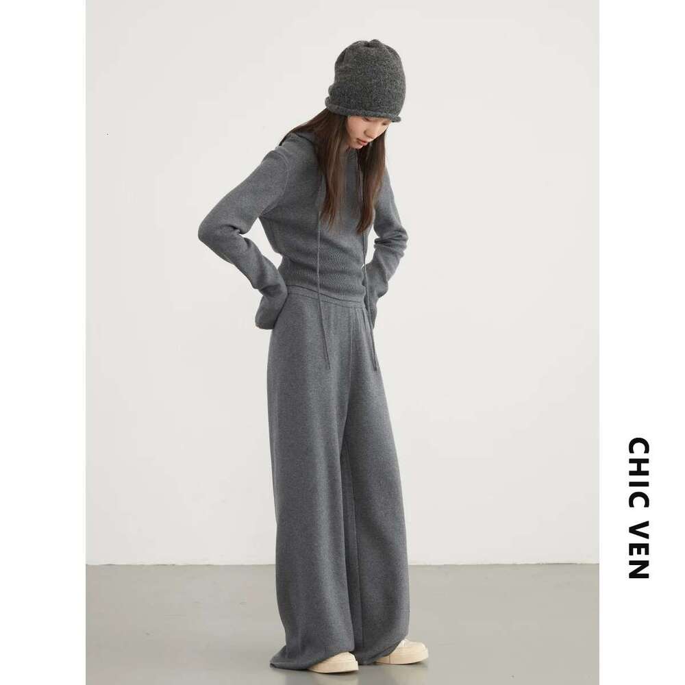 CHIC VEN Women Sweaters Loose New Casual Hooded Knitwear Jumpers High Waist Wide Leg Pants Pullovers Autumn Winter 2023