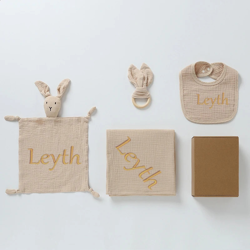 4-piece/set personalized name plain cotton baby comfortable towelbaby teethbaby bib born gift set 241105